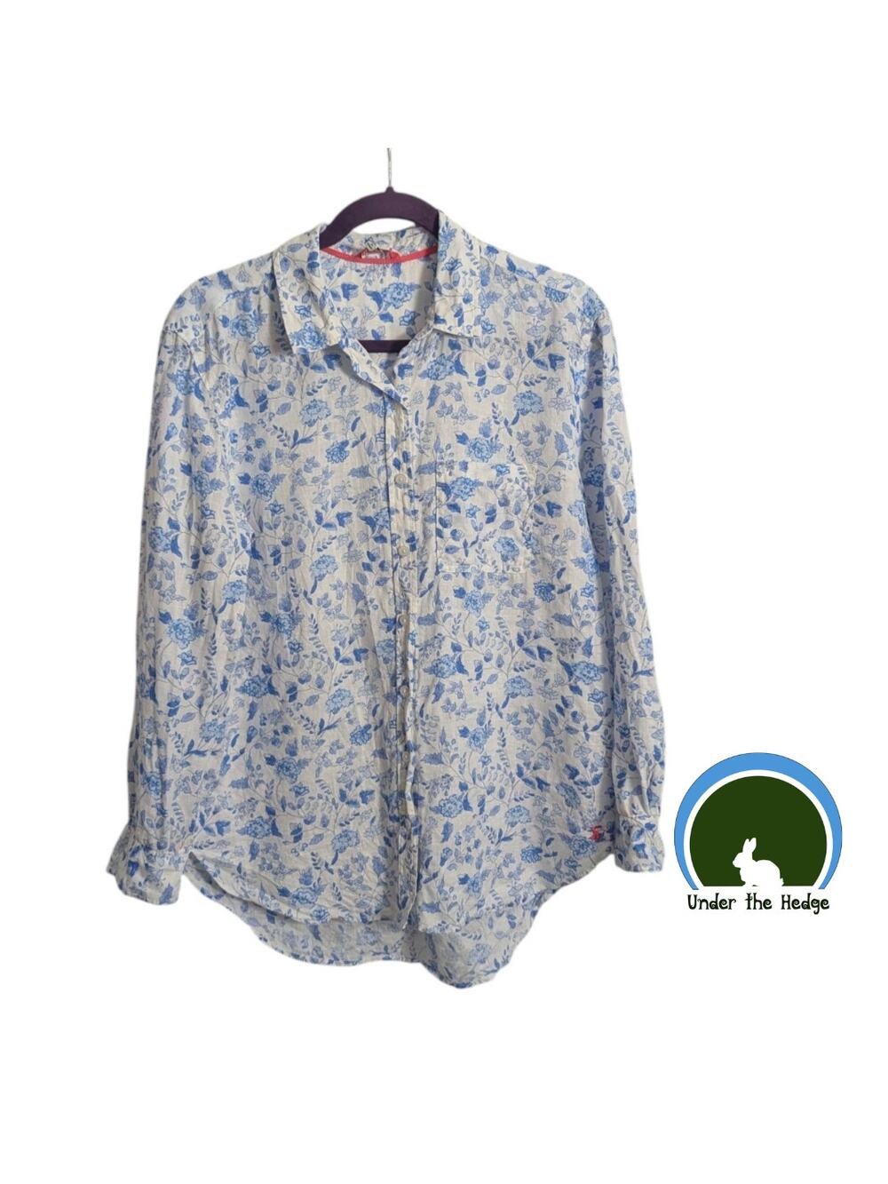 Joules White & Blue Jeanne Floral Linen Long Sleeve Top Size 6
